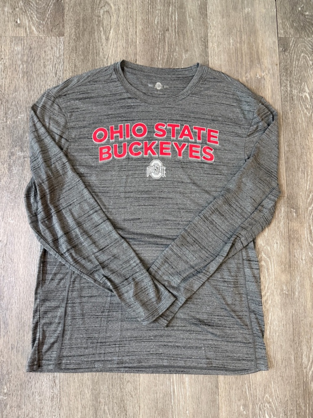 Scarlett Gray Long-Sleeve Tee with Red Ohio State Buckeyes Logo